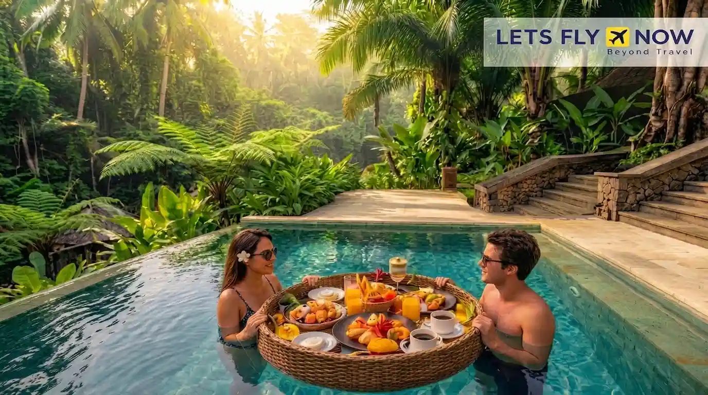 Romantic floating breakfast tray in a private Bali villa swimming pool