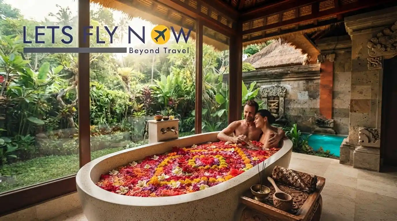 Romantic flower bath experience for couples at a luxury Bali villa