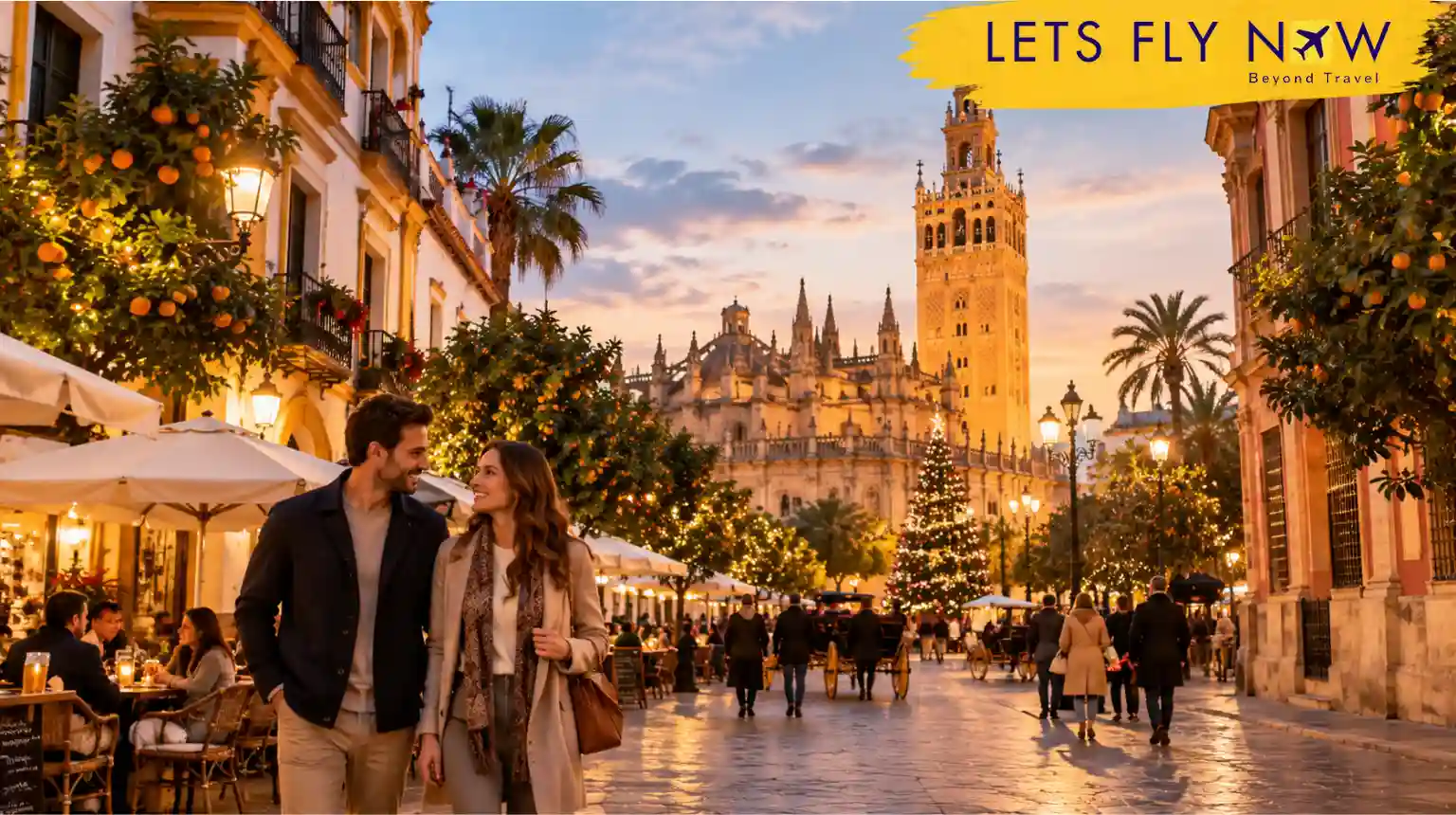 Couple exploring a European Christmas city with festive lights
