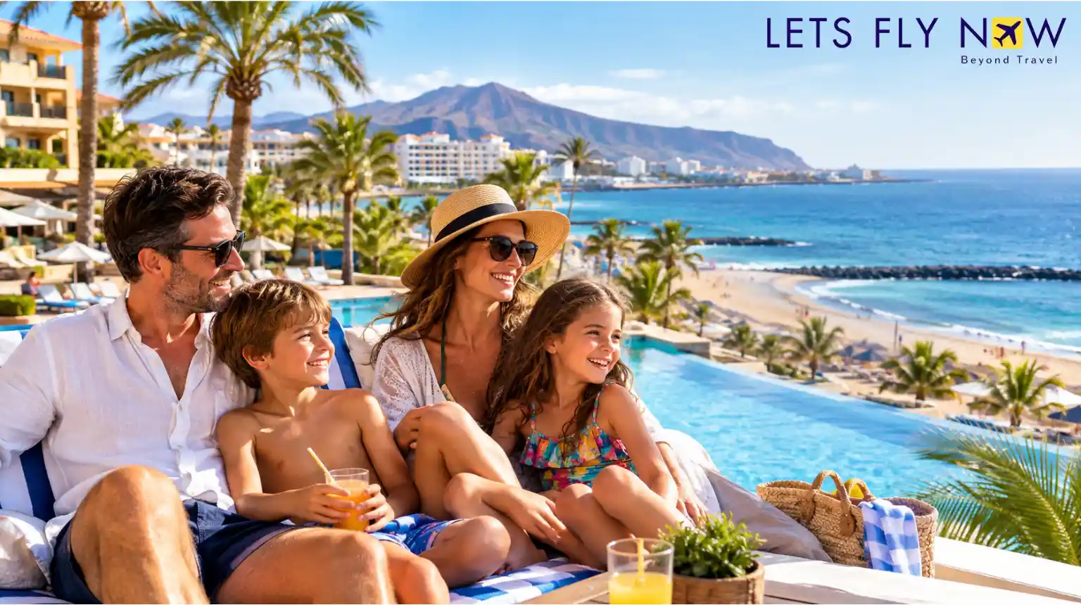 Family enjoying a sunny Christmas holiday resort in Spain