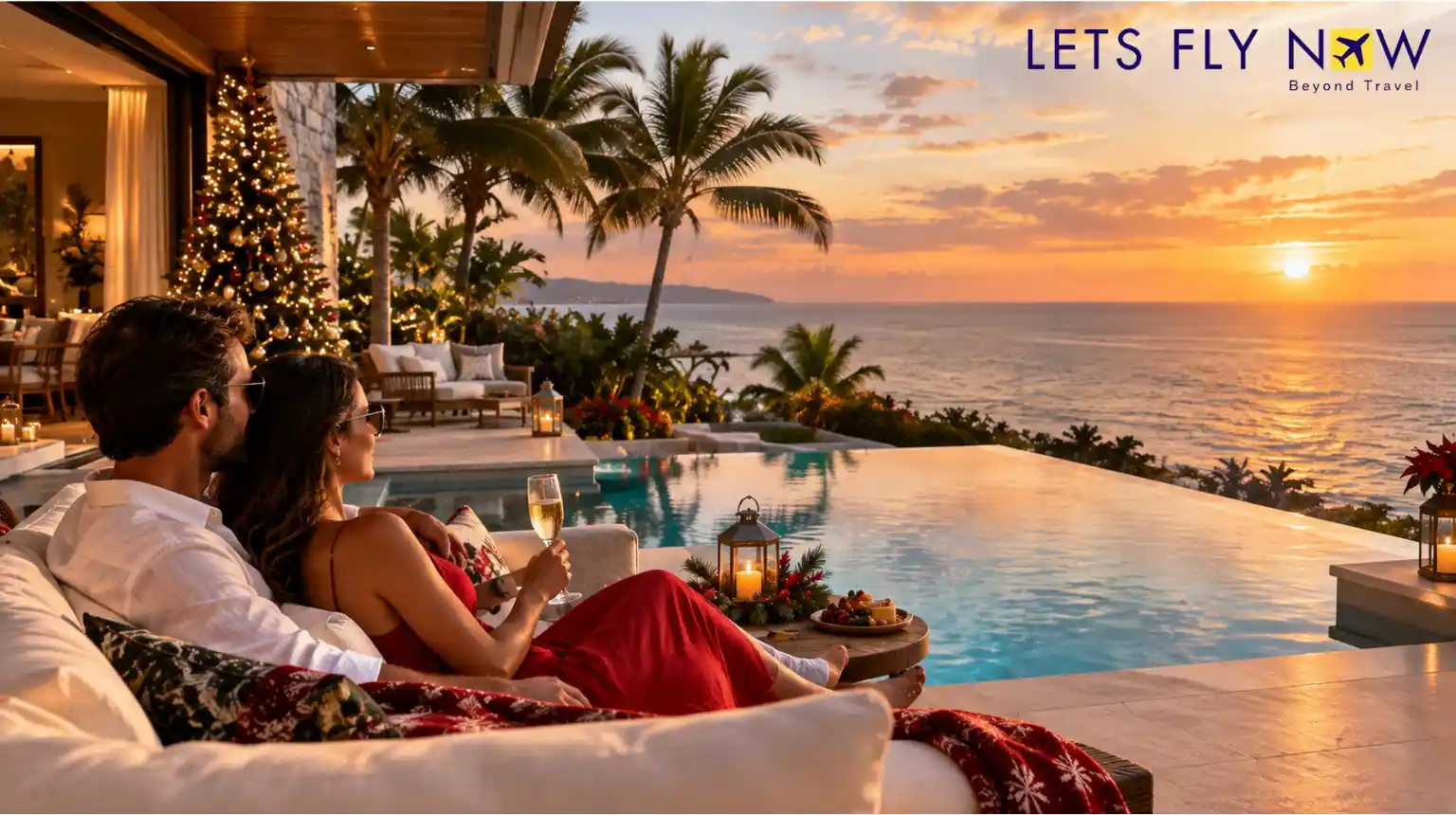 Couple enjoying a luxury Spanish resort holiday at sunset