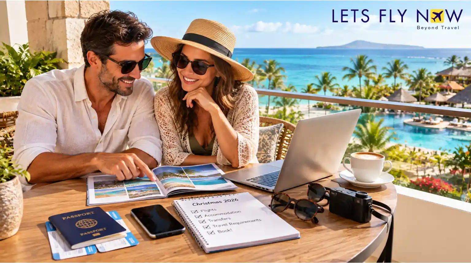Couple planning a Christmas holiday for 2026 with travel documents
