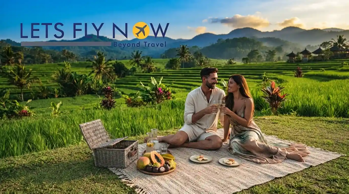 Couple enjoying a romantic picnic surrounded by Bali's green rice fields