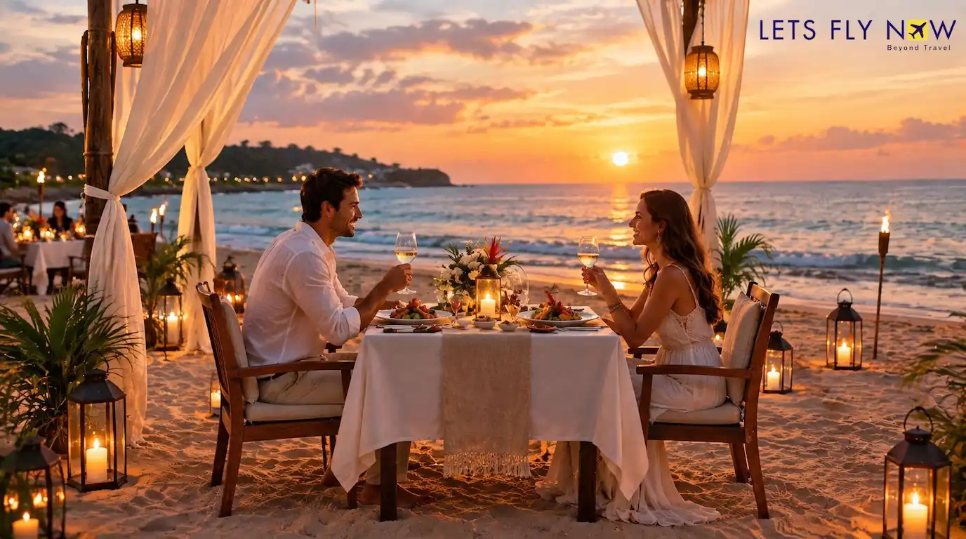 Romantic beachfront dinner for two at sunset in Bali