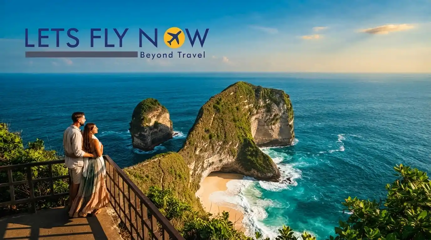 Couple admiring the dramatic cliffs and turquoise ocean of Nusa Penida, Bali