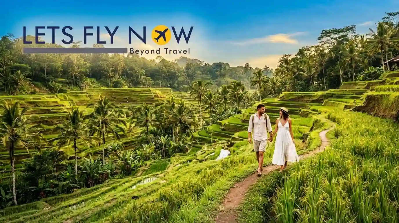 Couple walking through lush green rice terraces in Ubud, Bali
