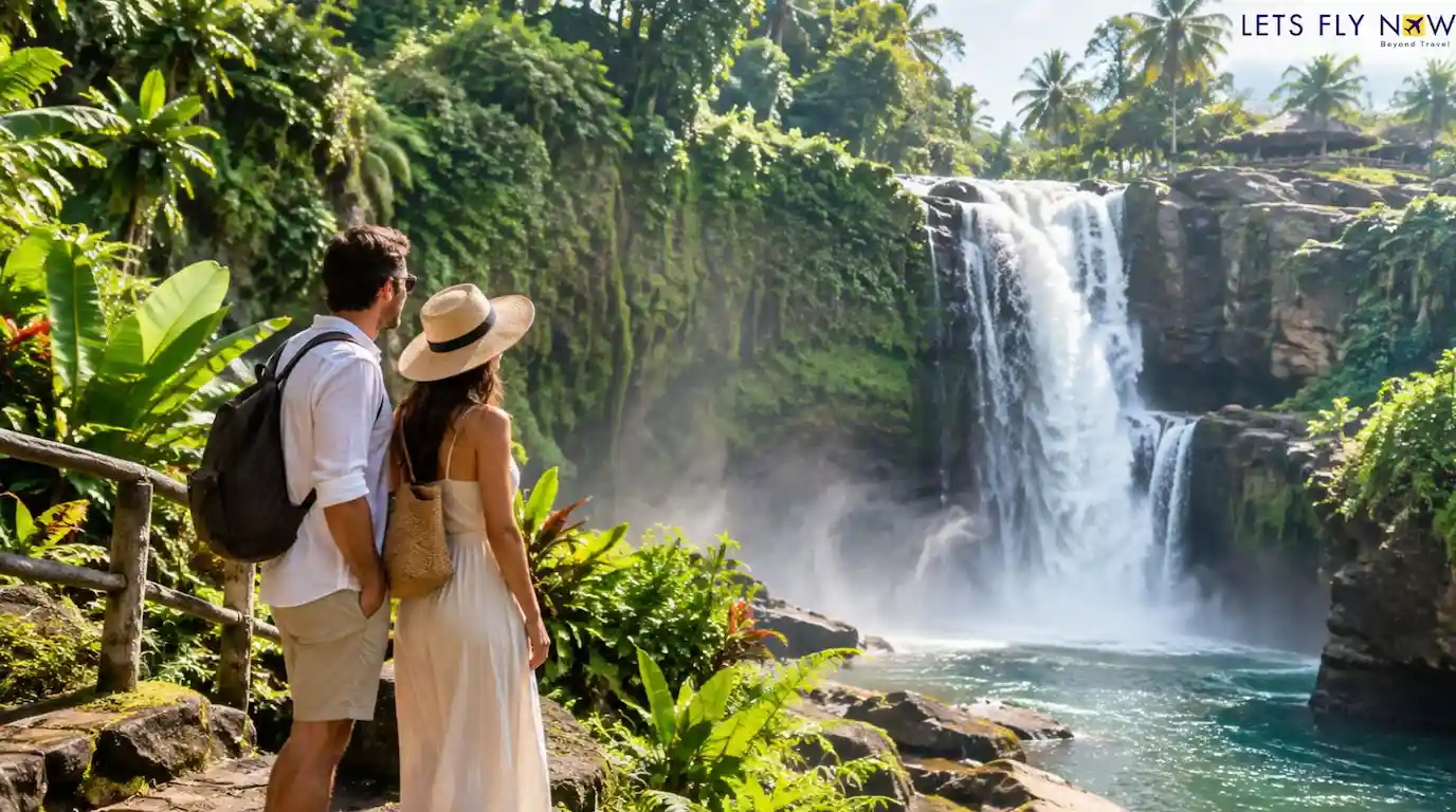 Couple exploring a beautiful tropical waterfall in Bali