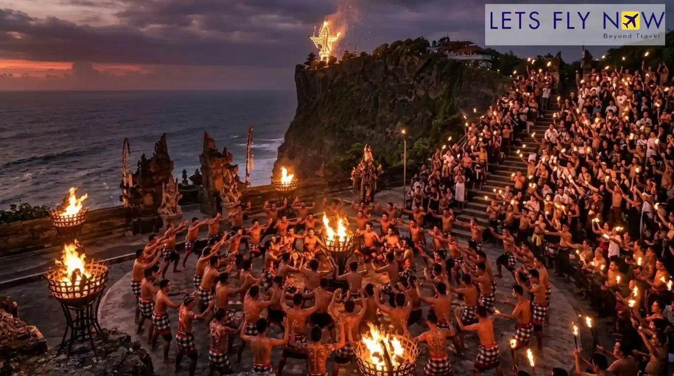 Traditional Balinese Kecak fire dance performance in an outdoor setting