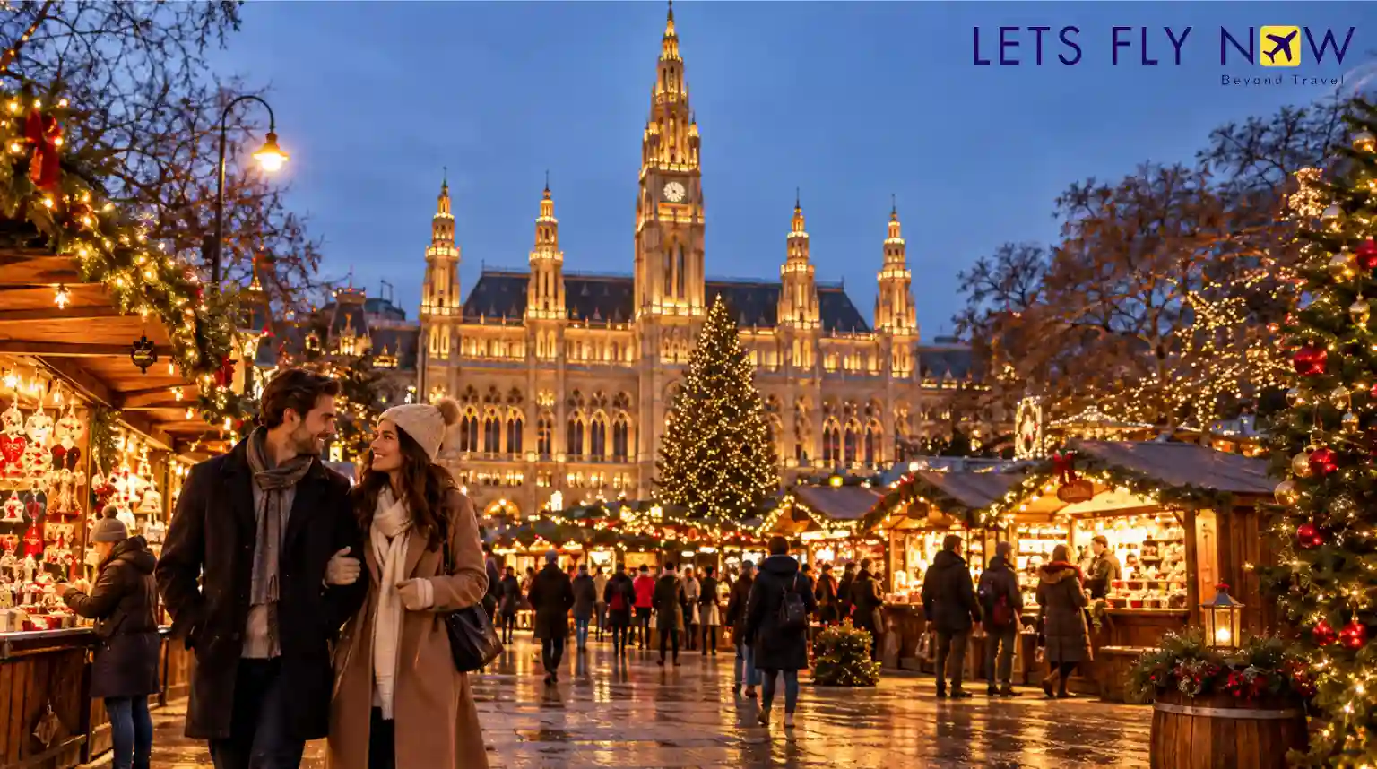 Traditional European Christmas market with festive lights and historic architecture