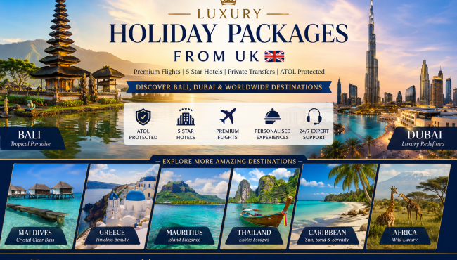 Advertisement for “Luxury Holiday Packages from UK.” Features images of Bali and Dubai landmarks, plus destinations such as Maldives, Greece, Mauritius, Thailand, Caribbean, and Africa, highlighting 5-star hotels, premium flights, and exclusive services.